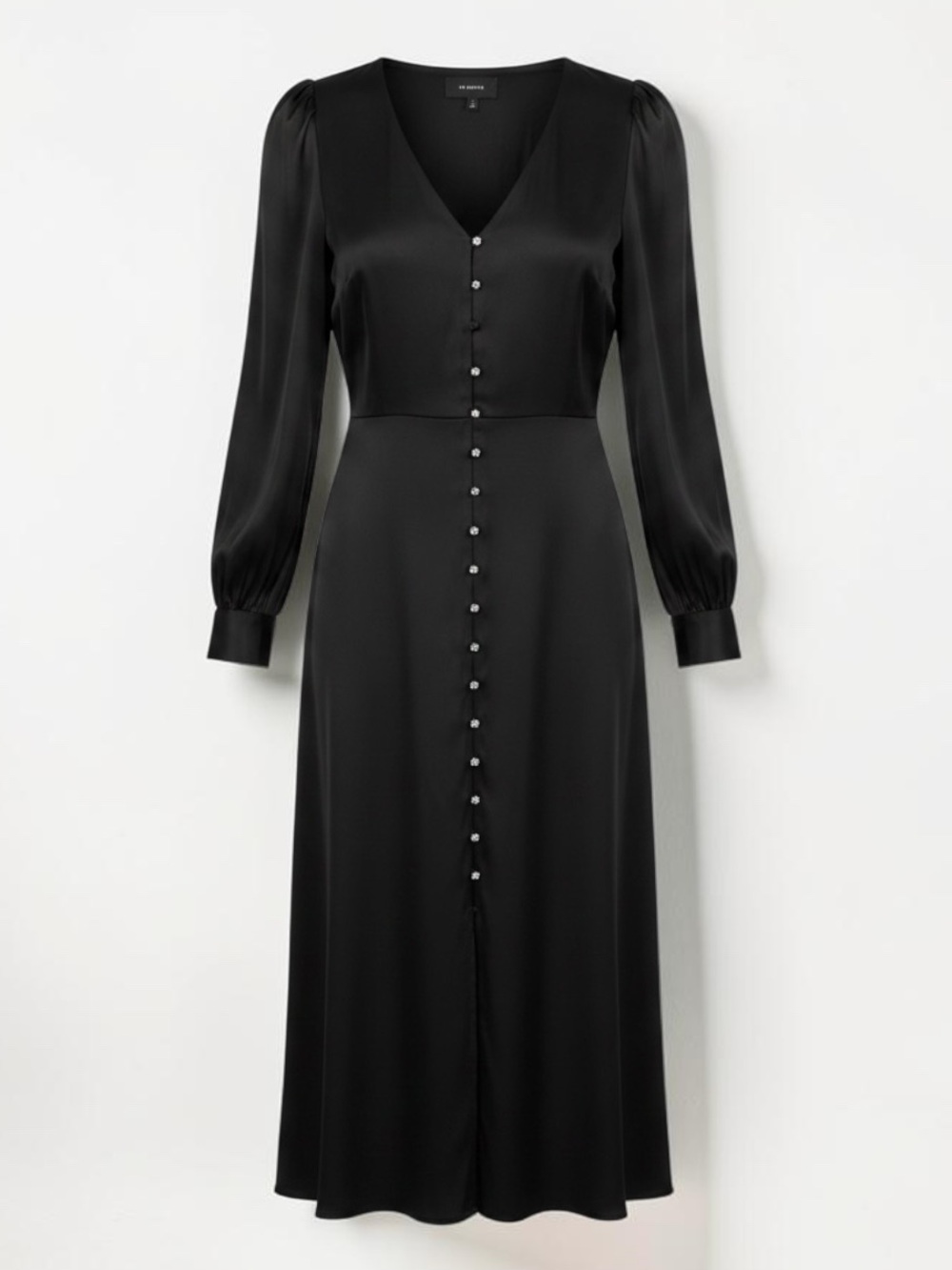 En Saison Black Satin V-Neck Crystal Button Maxi Dress - Size S